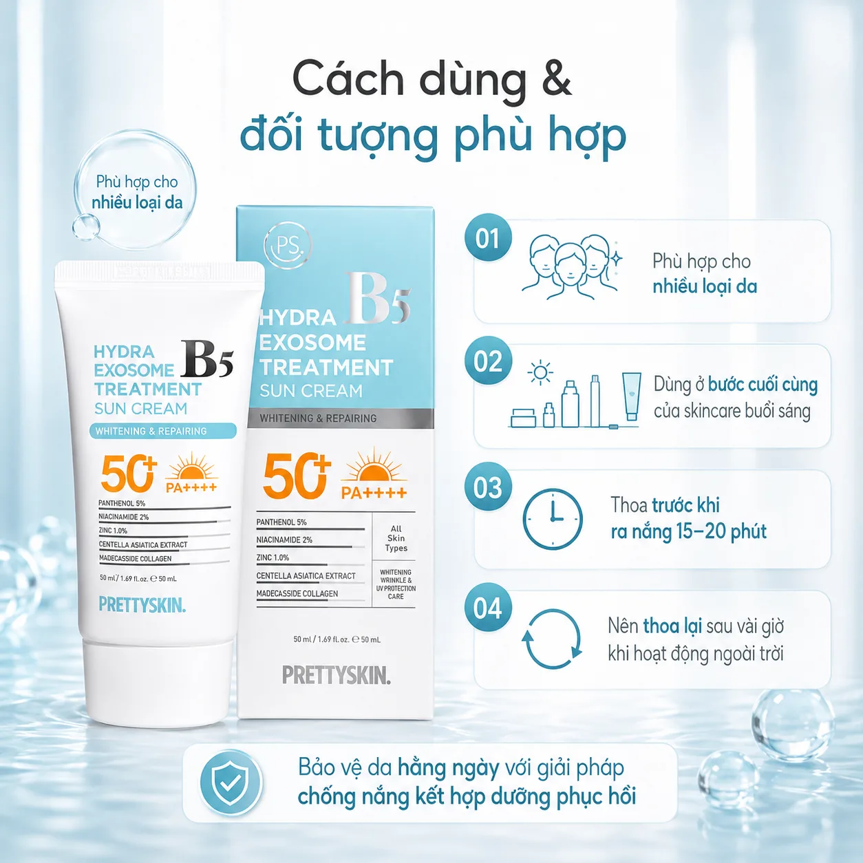 Kem chống nắng phục hồi Prettyskin Hydra B5 Exosome Treatment 50ml 5