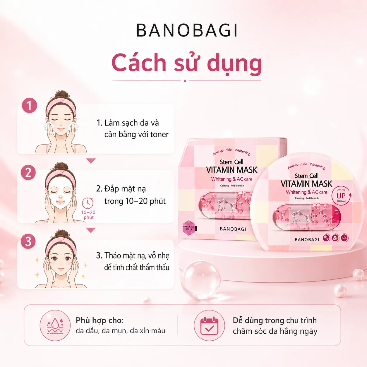 Mặt nạ tế bào gốc dưỡng trắng chăm sóc da mụn Banobagi Stem Cell Whitening & AC Care 4