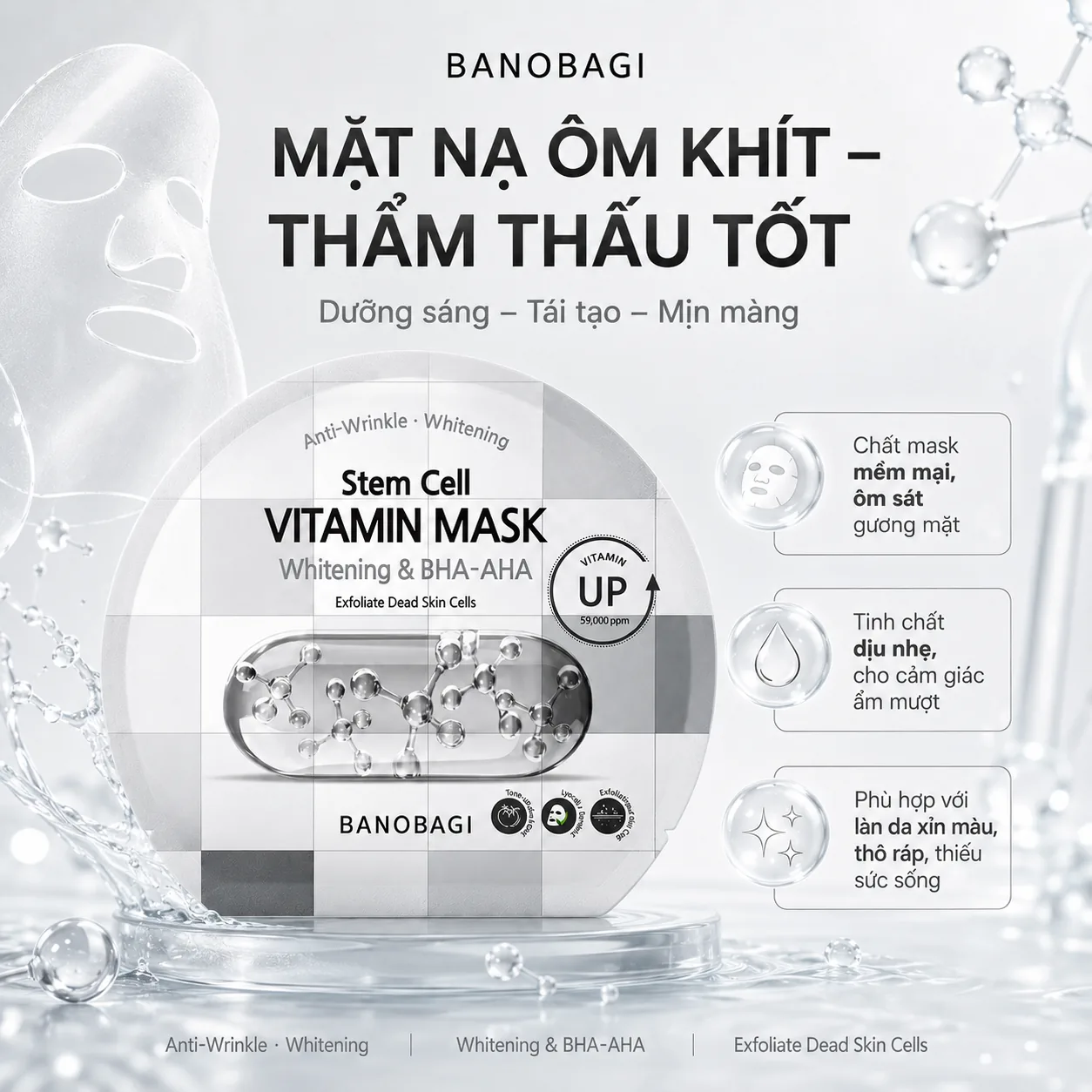 Mặt nạ tế bào gốc dưỡng trắng tẩy tế bào chết Banobagi Stem Cell Whitening & BHA-AHA 4