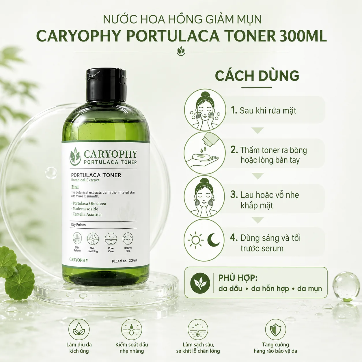 Nước hoa hồng giảm mụn Caryophy Portulaca 300ml 5