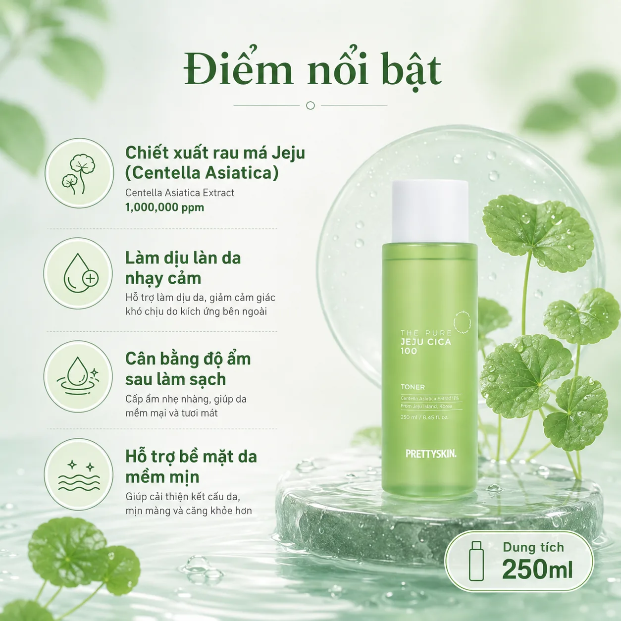 Nước hoa hồng rau má dịu da Prettyskin The Pure Jeju Cica 100 200ml 2