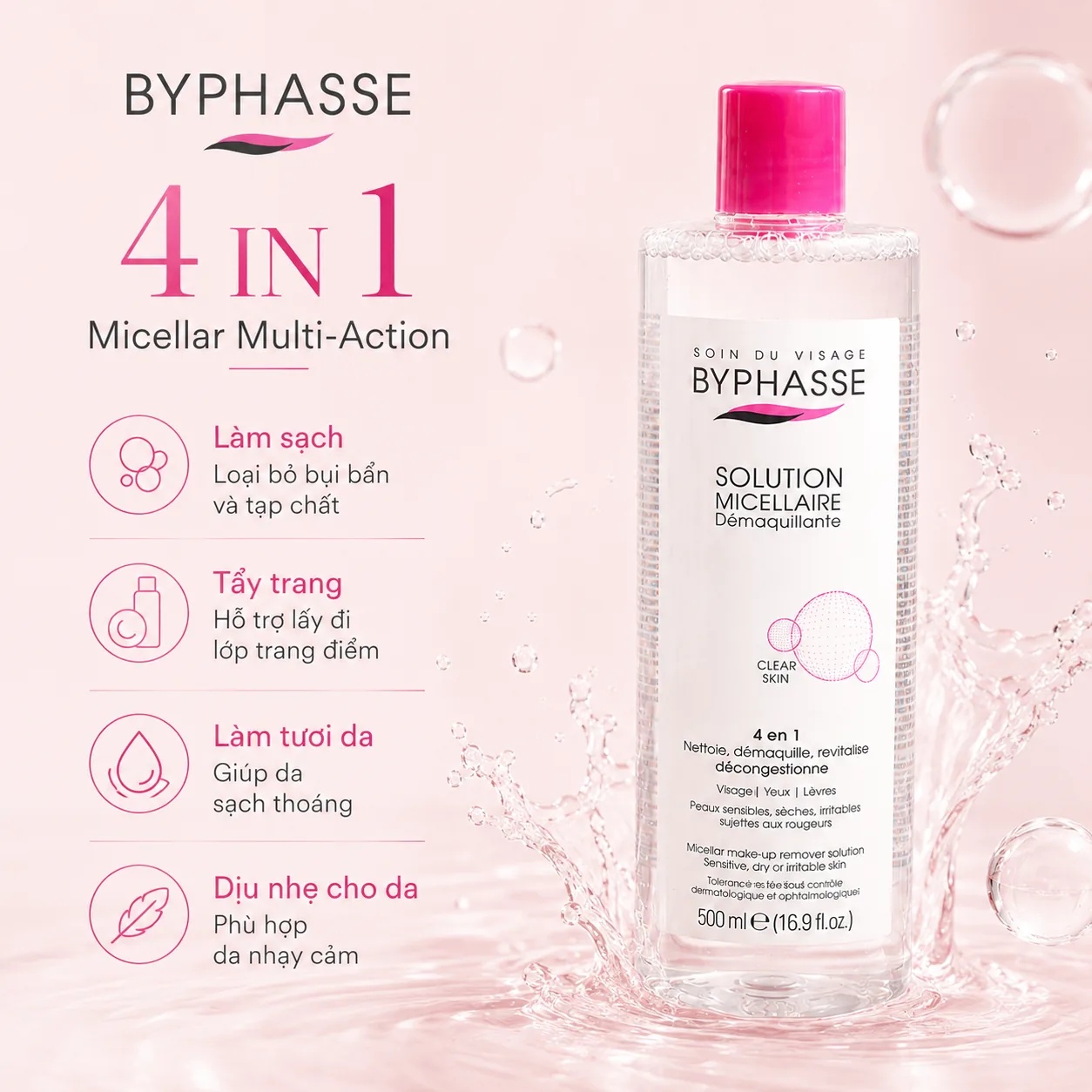 Nước tẩy trang Byphasse Micellar Make-Up Remover Solution Sensitive, Dry or Irritable Skin 500ml 2