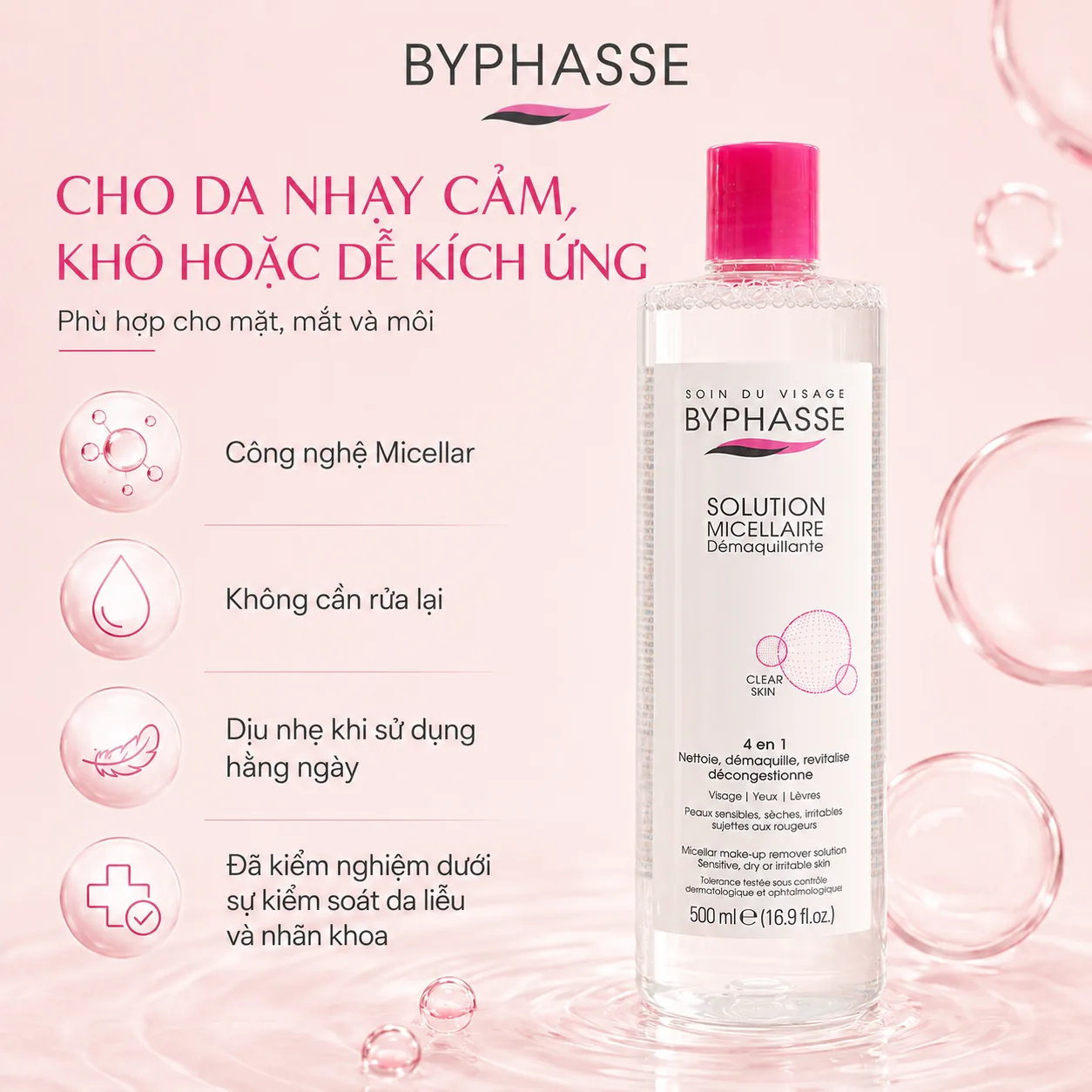 Nước tẩy trang Byphasse Micellar Make-Up Remover Solution Sensitive, Dry or Irritable Skin 500ml 3