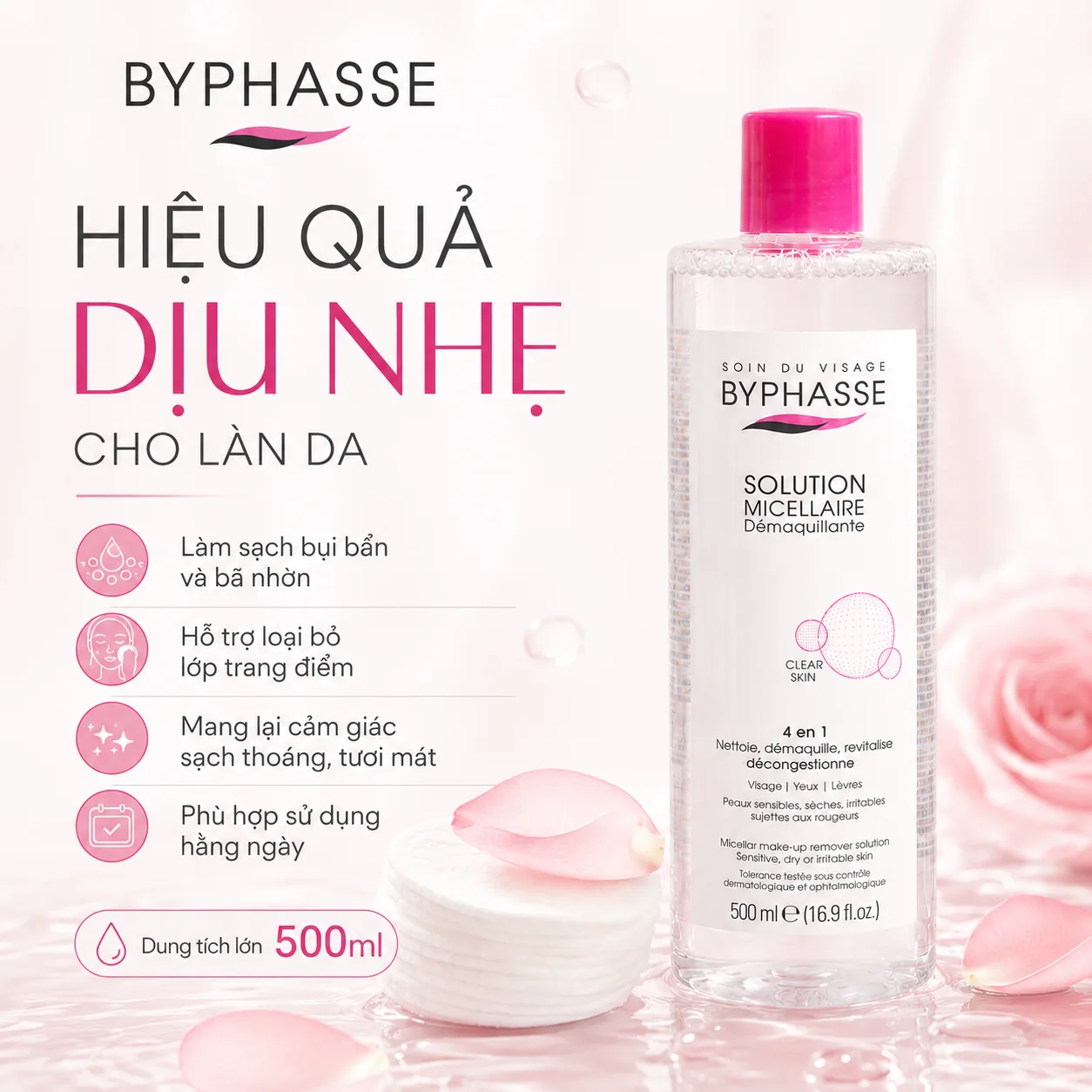 Nước tẩy trang Byphasse Micellar Make-Up Remover Solution Sensitive, Dry or Irritable Skin 500ml 4