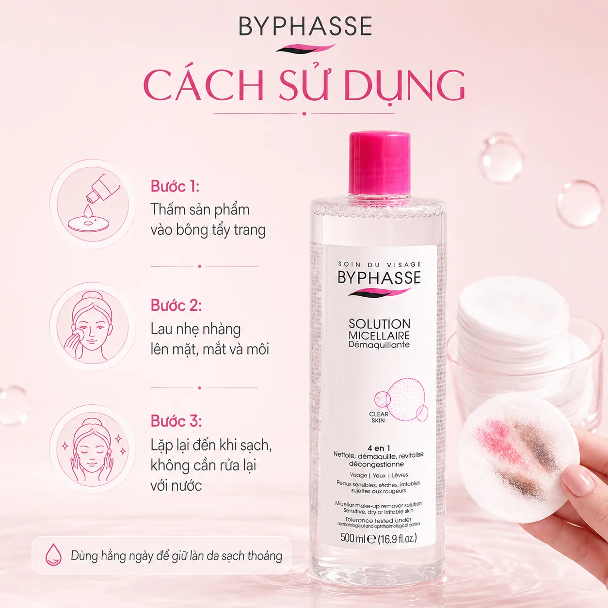 Nước tẩy trang Byphasse Micellar Make-Up Remover Solution Sensitive, Dry or Irritable Skin 500ml 5
