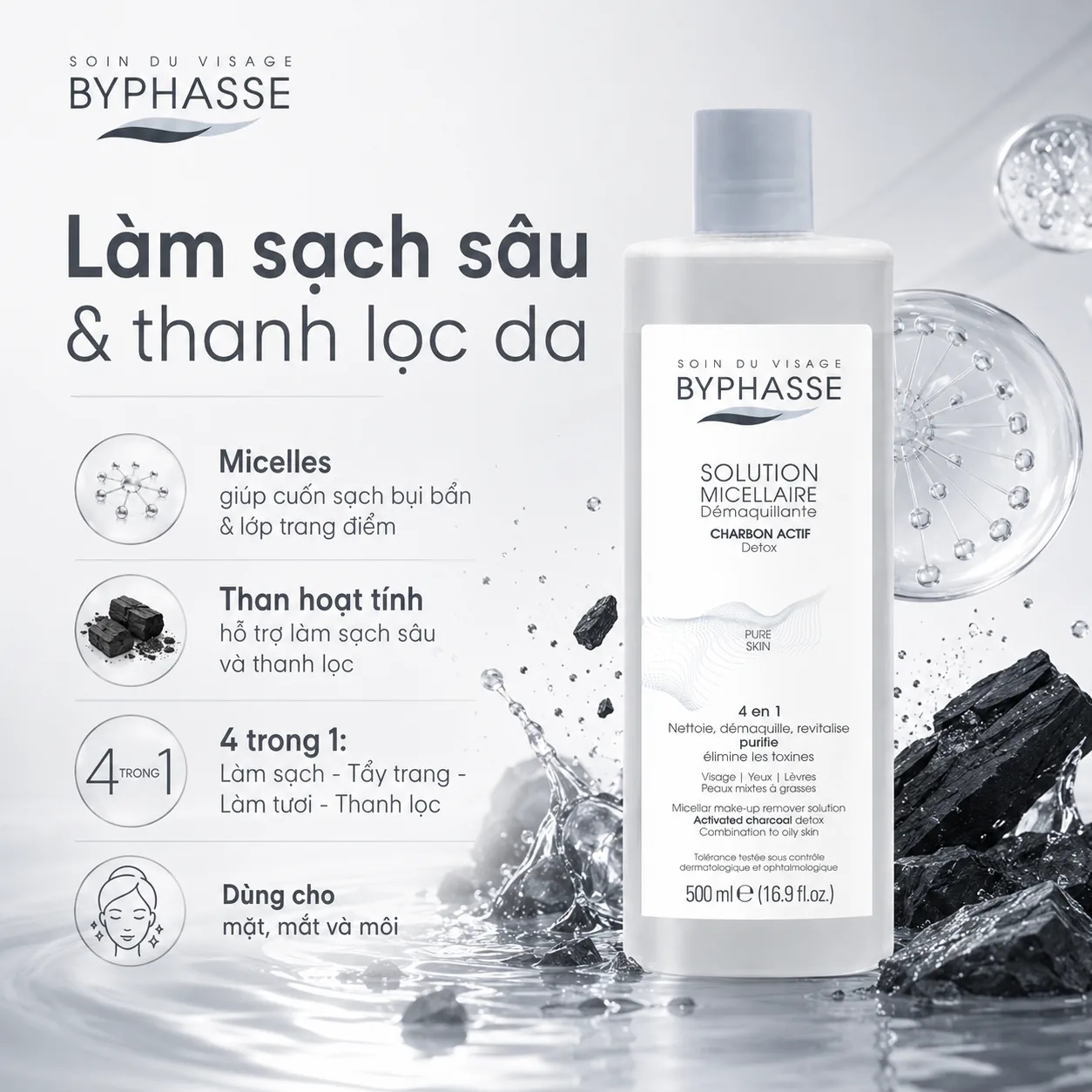 Nước tẩy trang Byphasse Micellar Make-Up Remover Solution With Activated Charcoal 500ml 2