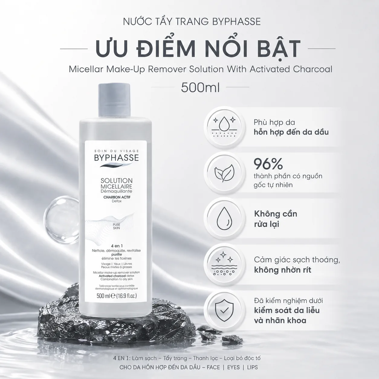 Nước tẩy trang Byphasse Micellar Make-Up Remover Solution With Activated Charcoal 500ml 3