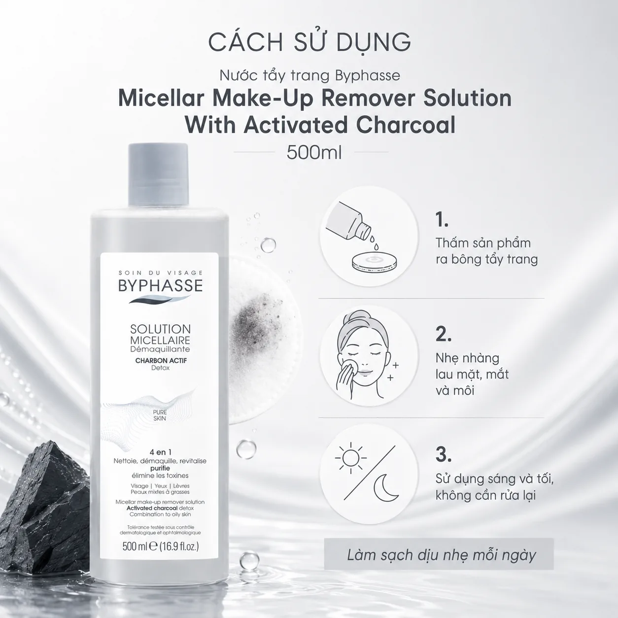 Nước tẩy trang Byphasse Micellar Make-Up Remover Solution With Activated Charcoal 500ml 4