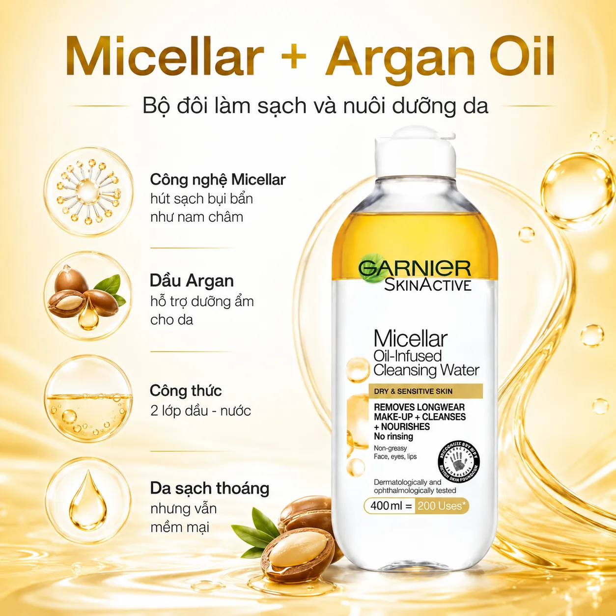 Nước tẩy trang Garnier Micellar Oil-Infused Cleansing Water 400ml 3