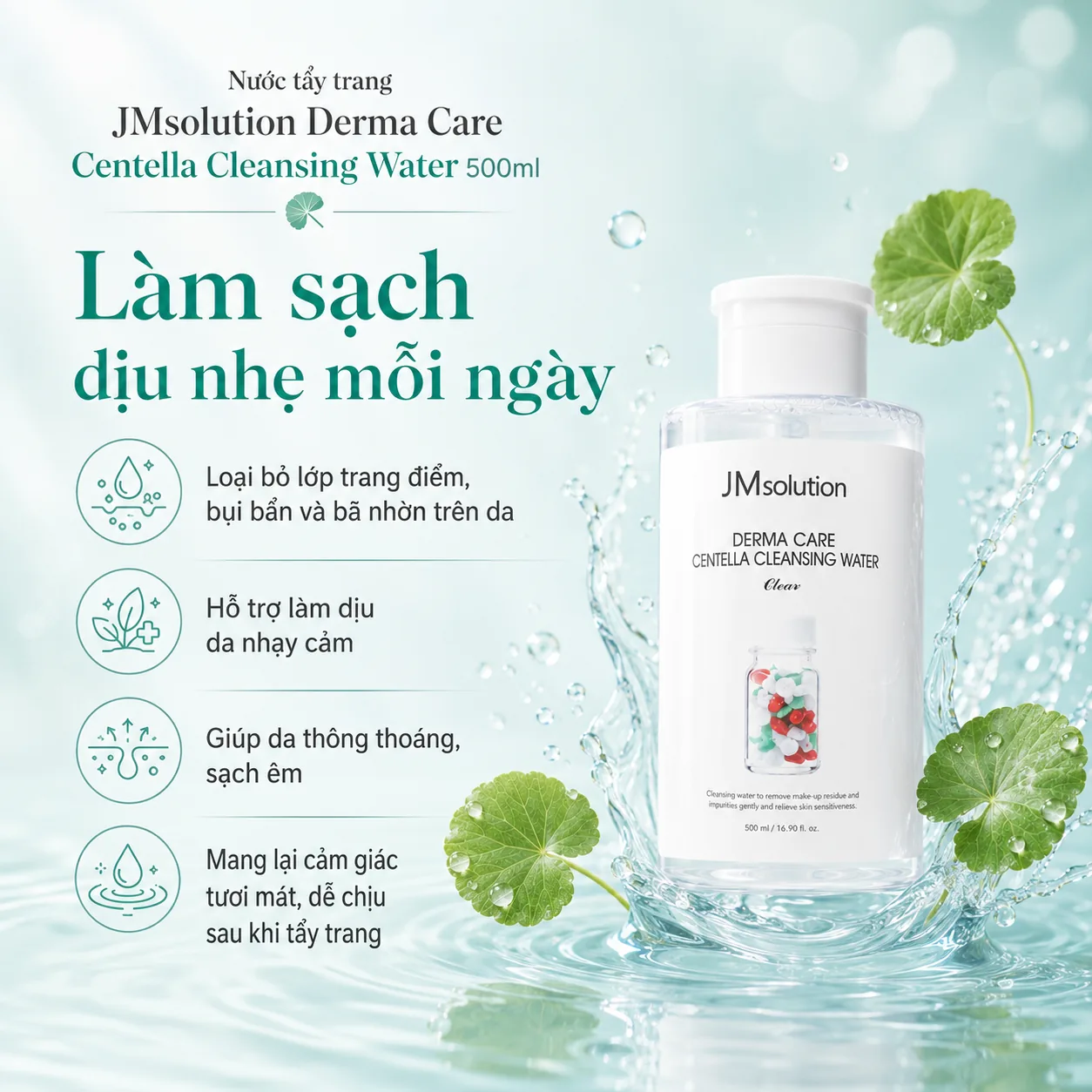 Nước tẩy trang rau má cho da nhạy cảm JMsolution Derma Care Centella 500ml 2