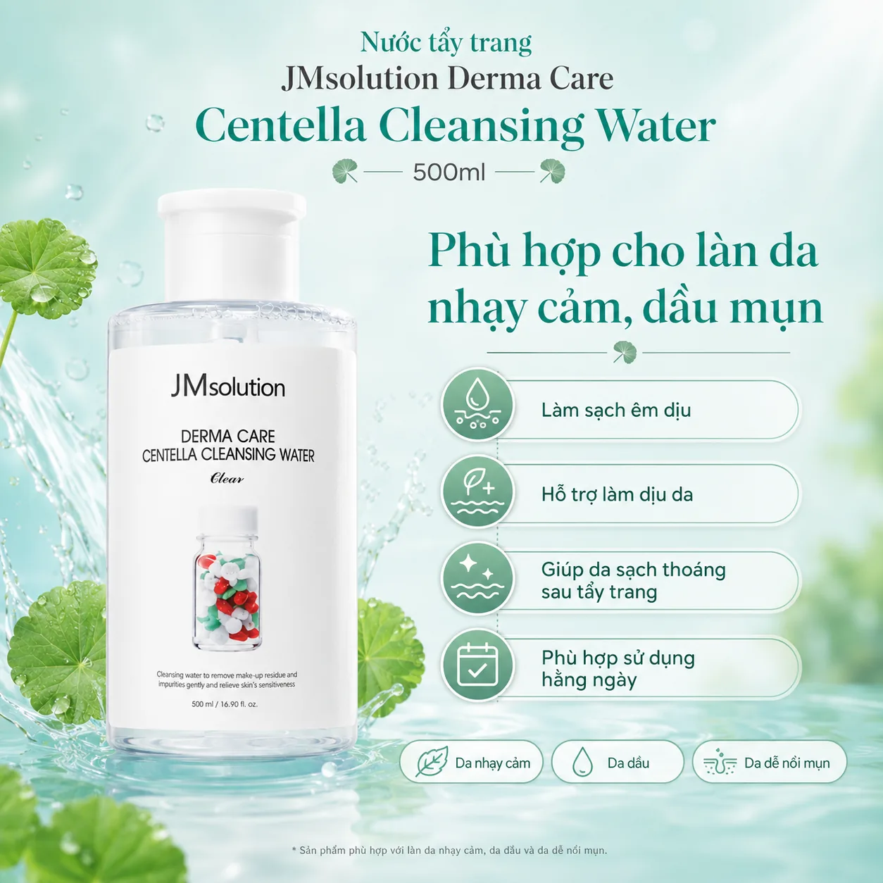 Nước tẩy trang rau má cho da nhạy cảm JMsolution Derma Care Centella 500ml 3