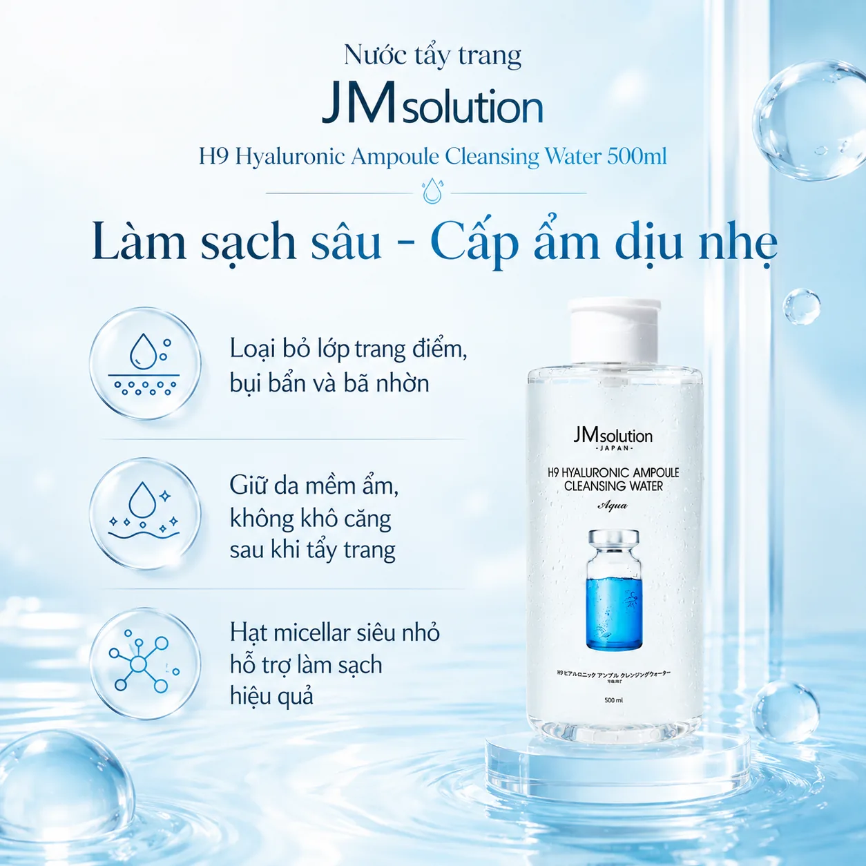 Nước tẩy trang cấp ẩm JMsolution H9 Hyaluronic Ampoule Aqua 500ml 2