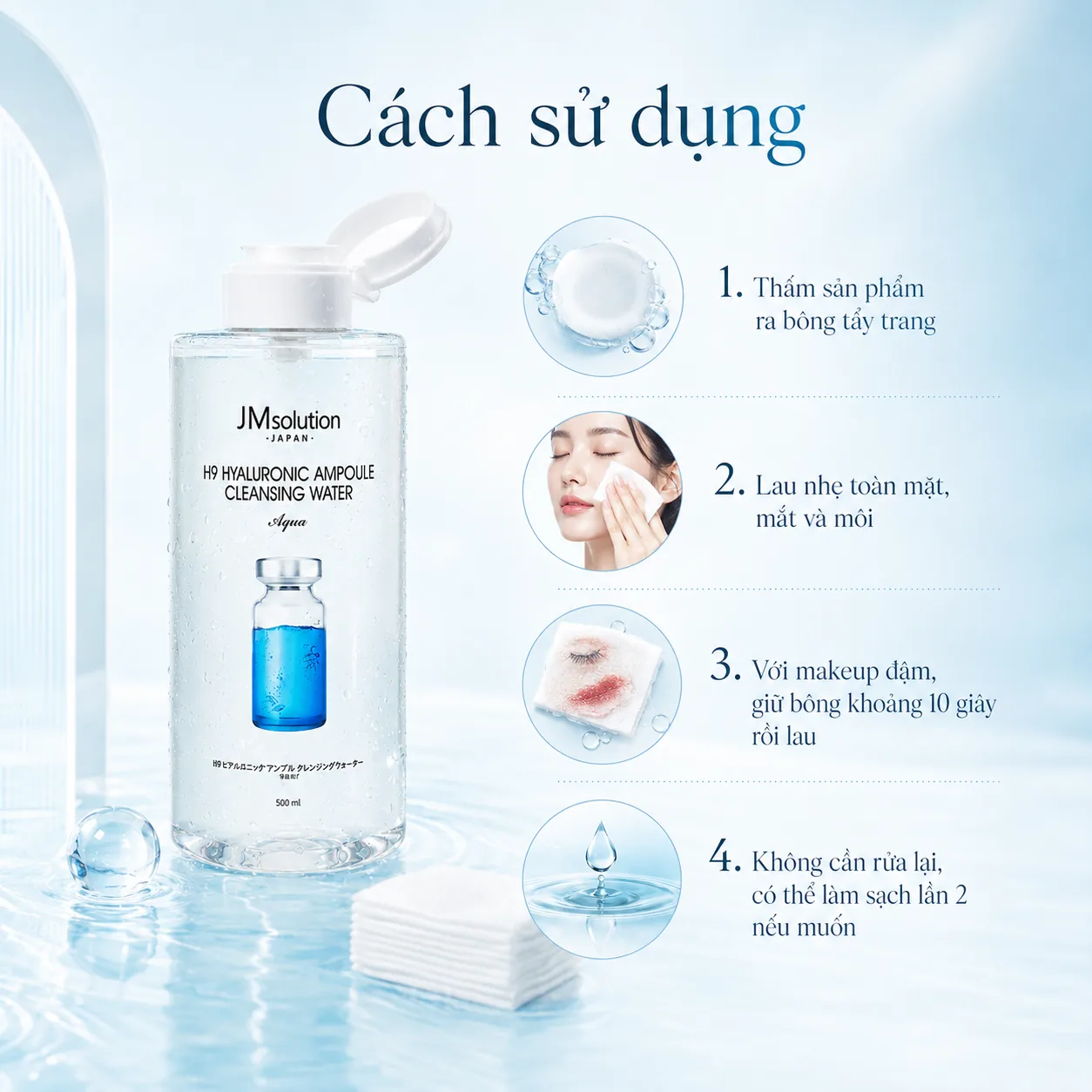 Nước tẩy trang cấp ẩm JMsolution H9 Hyaluronic Ampoule Aqua 500ml 4