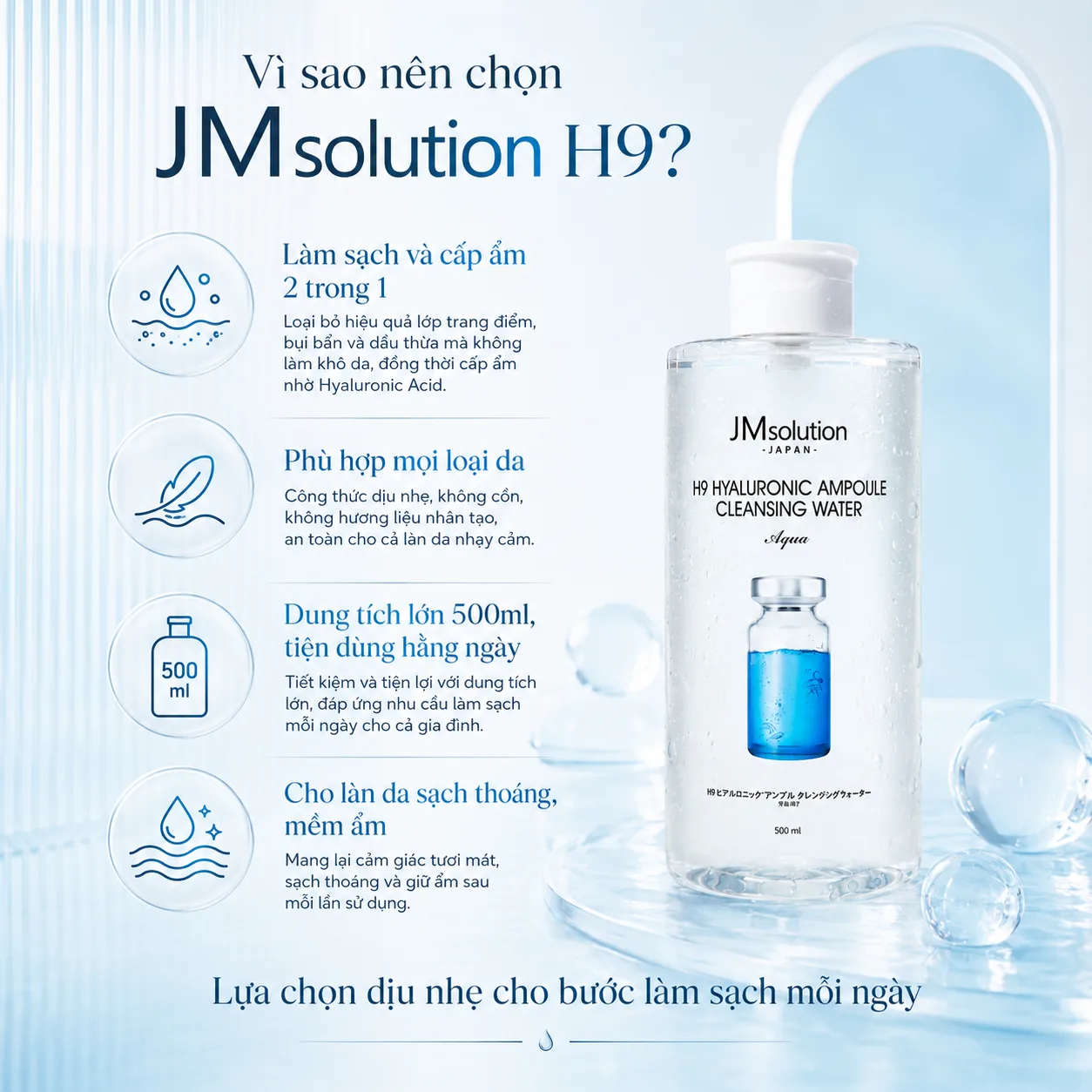Nước tẩy trang cấp ẩm JMsolution H9 Hyaluronic Ampoule Aqua 500ml 5