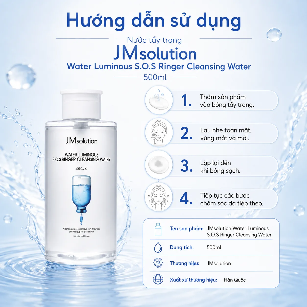 Nước tẩy trang làm sạch sâu JMsolution Water Luminous SOS Ringer 500ml 5
