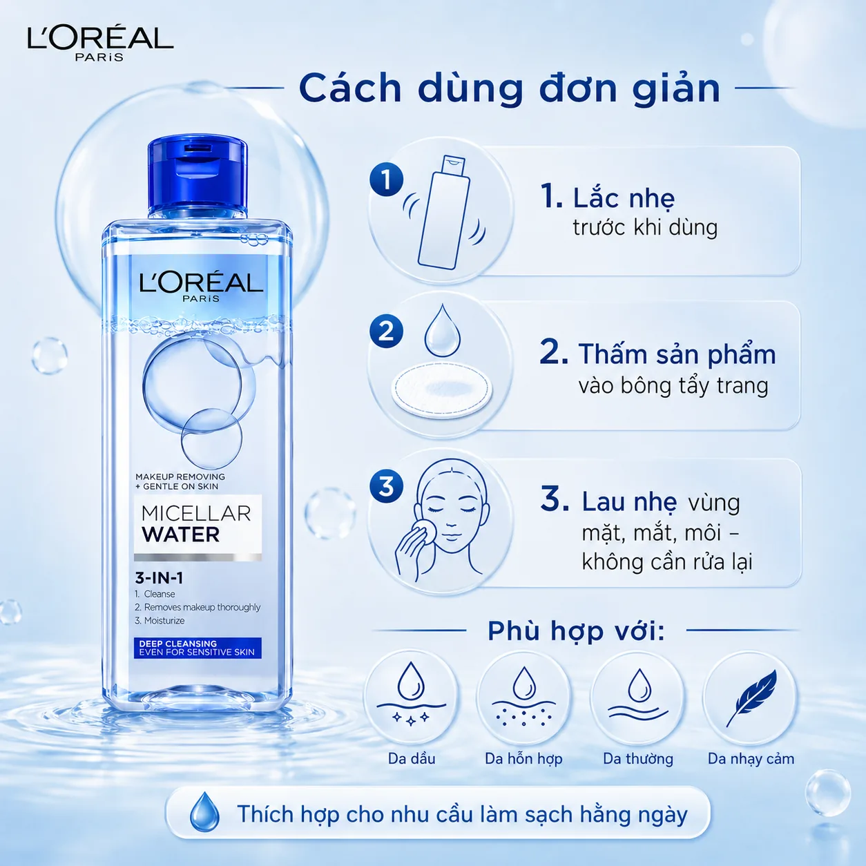 Nước tẩy trang làm sạch sâu L'Oréal Paris Micellar Water Deep Cleansing 400ml 2