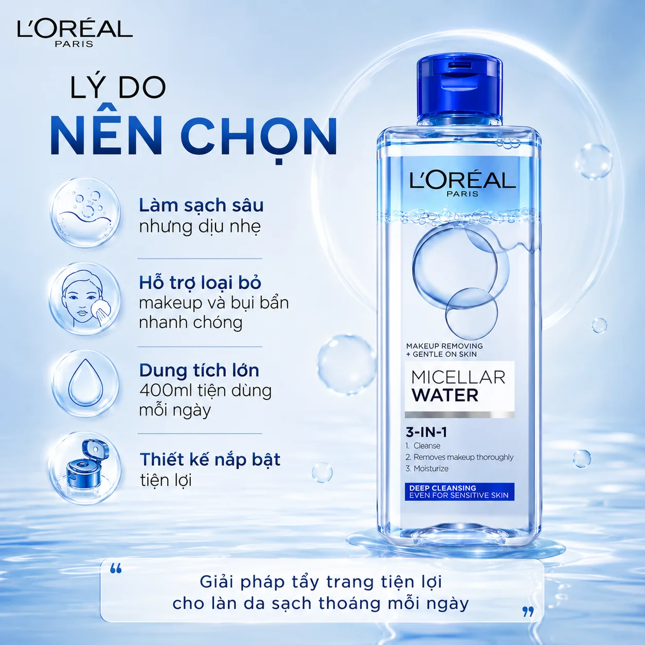 Nước tẩy trang làm sạch sâu L'Oréal Paris Micellar Water Deep Cleansing 400ml 3