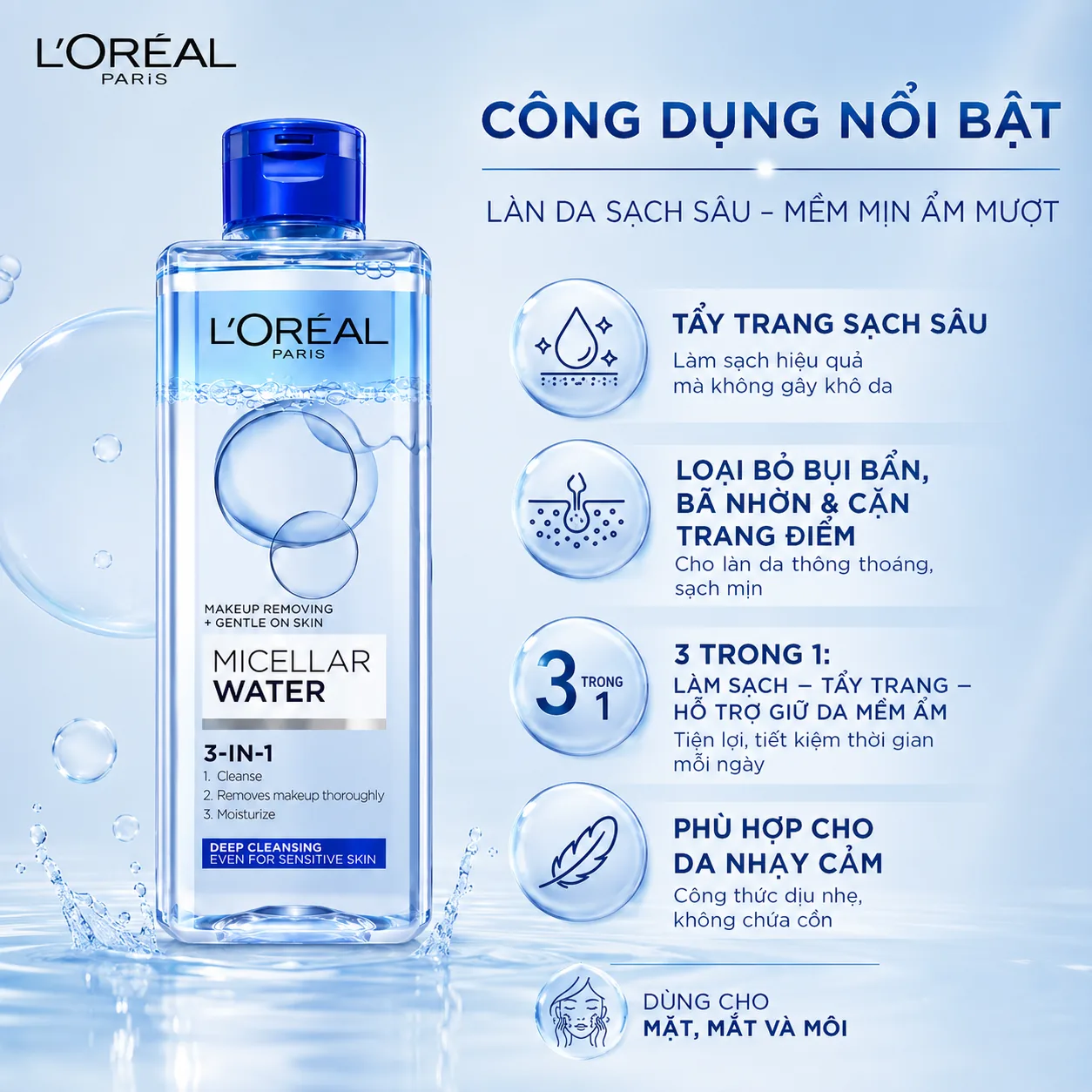 Nước tẩy trang làm sạch sâu L'Oréal Paris Micellar Water Deep Cleansing 400ml 5