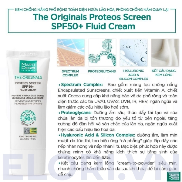 Kem Chống Nắng MartiDerm Ngăn Ngừa Lão Hóa & Chống Nám - The Originals Proteos Screen SPF50+ Fluid Cream 3 Kem Chống Nắng MartiDerm Ngăn Ngừa Lão Hóa & Chống Nám